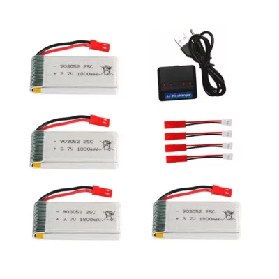 4Pcs 1800mah 3.7V Lipo Battery JST Plug w/ 4Port Charger for RC Quadcopter Drone - Image 1 of 4
