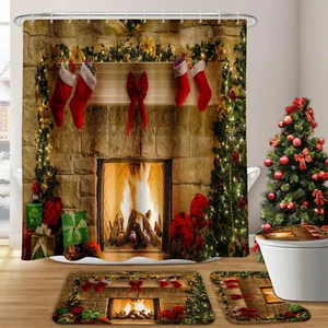 Red Christmas Shower Curtain Set, 4Pics Bathroom Decor with Rugs, Xmas Tree Fire - Picture 1 of 6