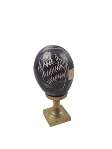 Besmo Hand Carved & Etched Stone Egg Kenya Genuine with brass stand - Picture 1 of 6