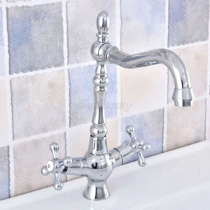 Polished Chrome Dual Cross Handle Bathroom Sink Swivel Kitchen Faucet Mixer Tap - Picture 1 of 8