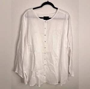 Top Tahari 100 % lino botón lengüeta delantera manga enrollable 3X viaje playa blanco vaca - Imagen 1 de 9