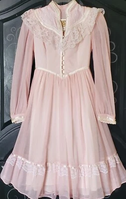 Vintage Gunne Sax Prairie Maxi Dress Western Cowgirl Dress Pink Lace Beads Sz 14 - Image 1 of 4
