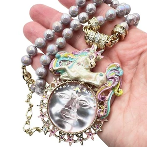 Kirks Folly Womens Necklace Unicorn Moon Crystal Beads Gold Magnetic Clasp - Picture 1 of 5
