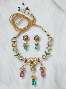 Ethno Bollywood Stil Hochwertig Kundan N Turmalin Farbige Perlen Halsband Set - Bild 1 von 5