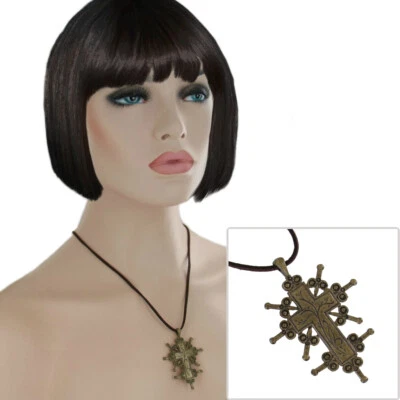 Antiqued Gold Tone Etched Crucifix Pendant Rope Necklace 24" Costume Accessory - Image 1 of 4