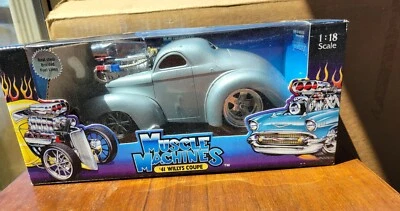Muscle Machines 1941 Willys Hot Rod Coupe 1:18 Scale Diecast 41 Model Car Silver - Image 1 of 4