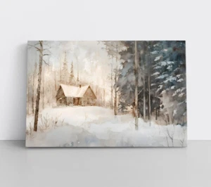 Rustic Log Cabin Snowy Winter Forest Watercolor Painting Print Canvas Wall Art - Picture 1 of 14
