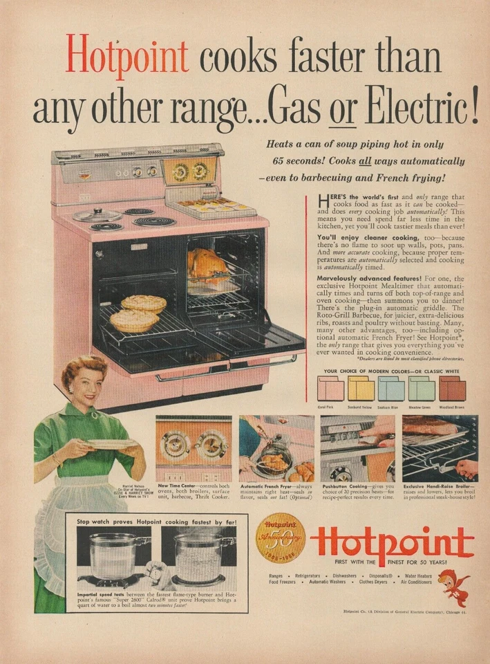 Estufa de cocina eléctrica o de gas rosa Hotpoint 1955 Harriet Nelson anuncio impreso Foto 1 de 1