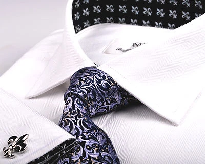 White Herringbone Twill Formal Business Dress Shirt Fleur-De-Lis Italian GQ Boss - Image 1 of 4