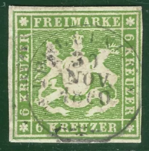 Germany States WÜRTTEMBERG Scott.16 6kr Super 1860 CDS Used Cat $125+ OGREEN124 - Picture 1 of 6