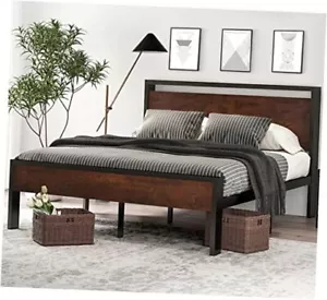  14 Inch Size Metal Platform Bed Frame with Wooden Headboard and Queen Mahogany - Picture 1 of 7
