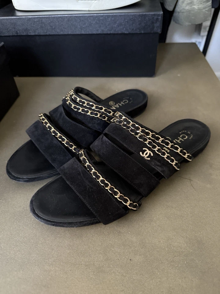 Chanel Black Suede Chain Sandals Size 41 - Image 1 of 4
