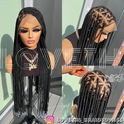 Se envía al día siguiente (ENVÍO 2 DÍAS) Peluca trenzada de encaje completo Cornrow, trenza negra sin nudos Foto 1 de 4