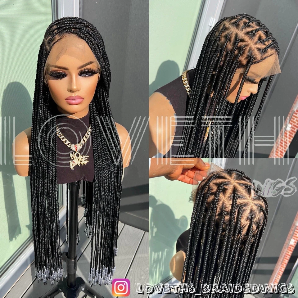 Se envía al día siguiente (ENVÍO 2 DÍAS) Peluca trenzada de encaje completo Cornrow, trenza negra sin nudos Foto 1 de 4