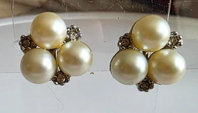 Vintage Faux Pearl Crystal Clip-On Screw Earrings - Image 1 of 4