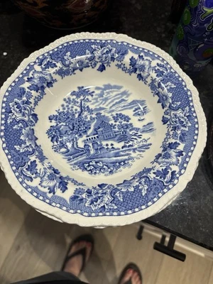 Vintage Woods Burslem England Seaforth Soup Bowls. Blue and White 8” - Image 1 of 2