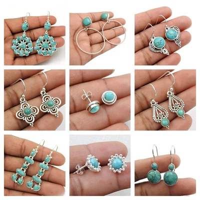 Christmas Gift Turquoise Gemstone Earrings 925 Sterling Silver Bohemian Jewelry - Image 1 of 4