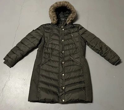 Michael Kors Green Faux-Fur-Trim Hooded Puffer Coat Size XL Button Up Women’s - Image 1 of 4