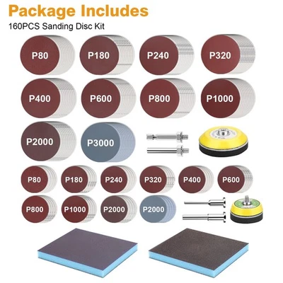 TRUSTEDPLCSUPPLIER 160pcs 2 & 3" Sanding Discs Kit 80-3000 Grit Sandpaper Pads Hook Loop for Drill