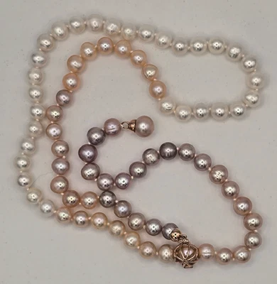 Colar de pérolas ajustável rosa pastel, pêssego e branco 29" fecho de gaiola ouro rosa - Imagem 1 de 4