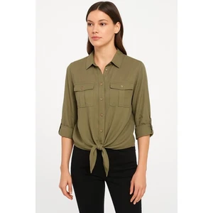 Michael By Michael Kors Shirt Womens Sz S Olive Green Button Tie Front Utility - Picture 1 of 7