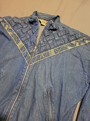 Chaqueta de mezclilla tejida Teddi bordada azteca de colección para mujer talla LG cremallera completa años 80 retro  Foto 1 de 4