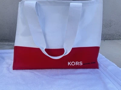 Bolso de Mano Michael Kors Blanco Rojo Diseñador Lona Grande MK Playa o Viaje Bolso Foto 1 de 4