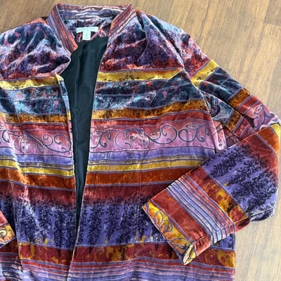 Chaqueta Blazer Coldwater Creek Terciopelo Burnout Para Mujer 1X Otoño Otoño Naranja Púrpura Foto 1 de 4