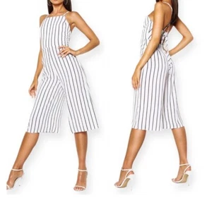 Boohoo Jumpsuit Womens Size Large White & Black Striped Open Back New Luc-ce - Picture 1 of 7
