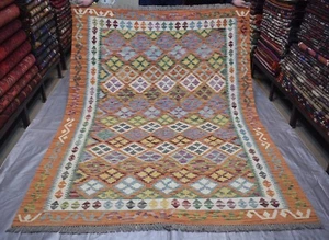 Orange Blue Geometric Afghan Tribal Kilim Area Rug 5x7 ft Hand Woven Wool Carpet - Picture 1 of 13
