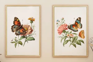 Juego de 2 impresiones artísticas de mariposas, flores y mariposas arte de pared impresiones decorativas - Imagen 1 de 2