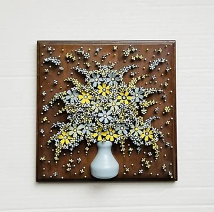 Vintage Baby Blue Yellow Nail Art Square Wood Plaque Unmarked 10” x 10” - Picture 1 of 6