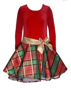 Bonnie Jean Girls Holiday Dress Red Velvet Plaid Gold Bow Christmas Size 6 - Picture 1 of 9