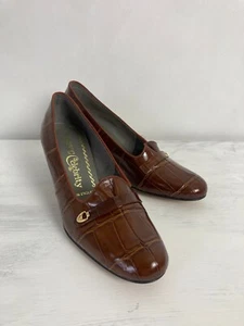 Vintage Leather Court Shoes UK 6.5 Slip On Burgundy Mock Croc NEW 40s Style - Picture 1 of 7