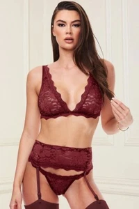New Baci X-Gen Wine 3 Piece Lace set Bra Top Garter Skirt and G-String M/L - Picture 1 of 2