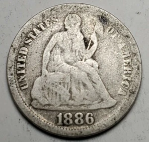 Moneda de diez centavos Seated Liberty 1886 - plata 900 - en muy buena condición - envío gratuito a Estados Unidos - Imagen 1 de 2