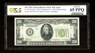 DBR 1934 $20 LGS FRN New York Fr. 2054-Blgs PCGS-B 65 PPQ Serial B15451314A - Image 1 of 2