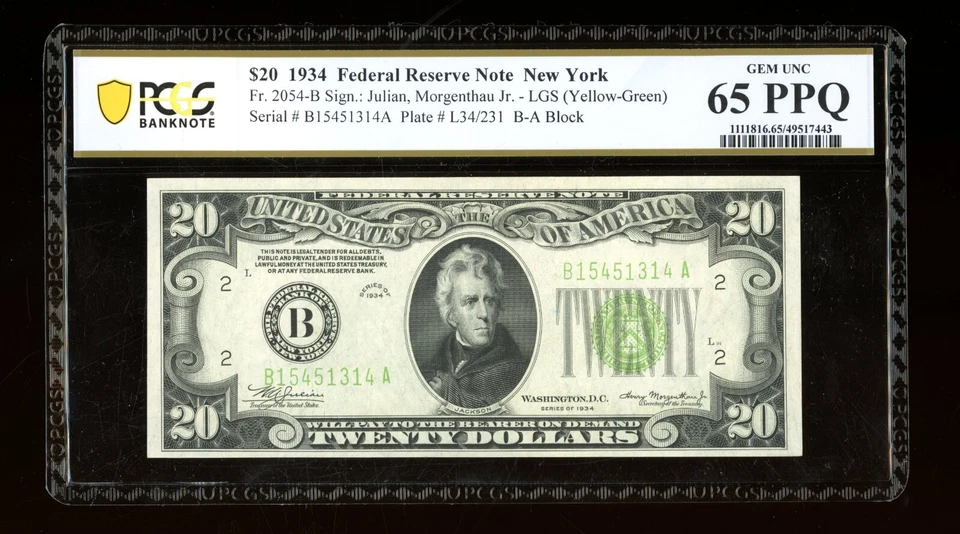 DBR 1934 $20 LGS FRN New York Fr. 2054-Blgs PCGS-B 65 PPQ Serial B15451314A - Image 1 of 2