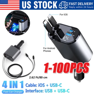 Retractable Car Charger 4in1 Fast Car Phone 16 Charger 120W USB Type C Cable lot - Image 1 of 4