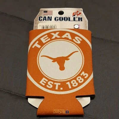 ENFRIADOR DE LATAS TEXAS LONGHORNS KOOZIE NUEVO DOBLE CARA PLANO Foto 1 de 2