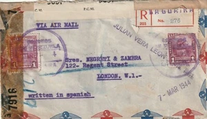 1944 Venezuela WWII censored registered cover sent from La Guaira to London - Picture 1 of 2