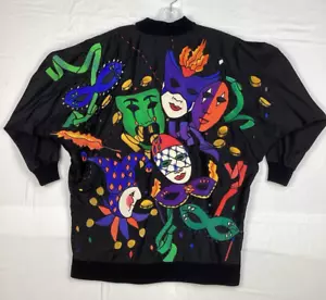 Black Silk Jacket Silkscapes Art-to-Wear Theatre Mardi Gras Masks Theater - Picture 1 of 7