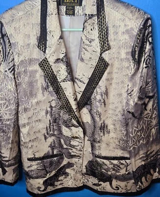 Blazer de safari africano Aris A vintage años 80 con tigre en la espalda grande seda metálica  Foto 1 de 4