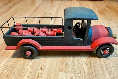 ANTIQUE WOODEN TOY FIRE TRUCK WITH BARREL CARGO HANDCRAFTED VINTAGE COLLECTIBLE - Image 1 of 4
