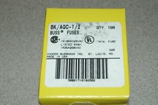 Cooper Bussmann Bk/Agc-1/2 glass buss fuse .5 amp 250 max volts Box of 100