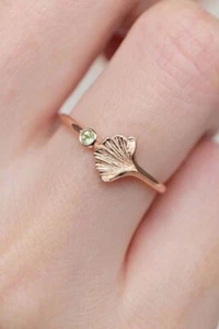 Simulated Green Peridot Leaf Design Engagement Ring In Pure 10K Rose Gold - Picture 1 of 5