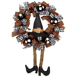 24 pollici Corona Halloween Strega Arancione e Nera con Fiocchi Non Illuminata - Foto 1 di 12