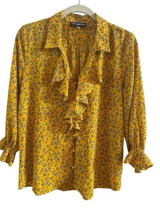Karl Lagerfeld Women’s Size Medium Yellow Black Front Ruffles Pearl Like Buttons - Picture 1 of 7