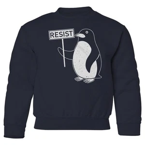 Penguin With Resist Sign - Anti Tariff Protest Youth Crewneck Sweatshirt - Picture 1 of 7