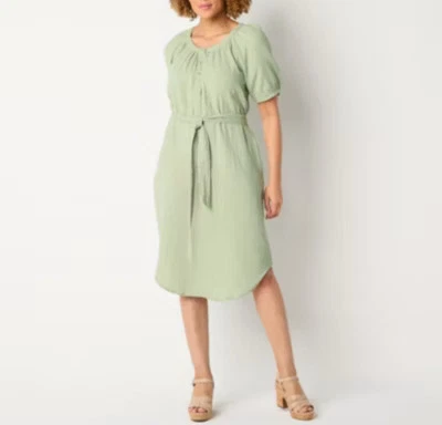 A.N.A. Vestido midi para mujer arrugado tejido de algodón con lazo en la cintura verde oliva L Foto 1 de 4